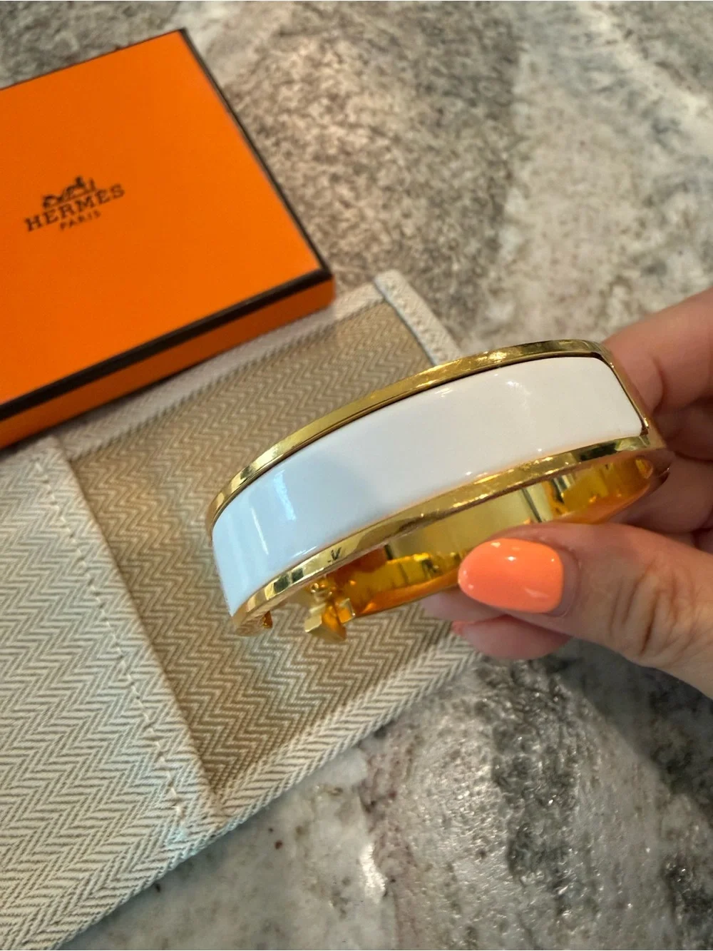 Hermès Clic H Gold and White Enamel Bracelet